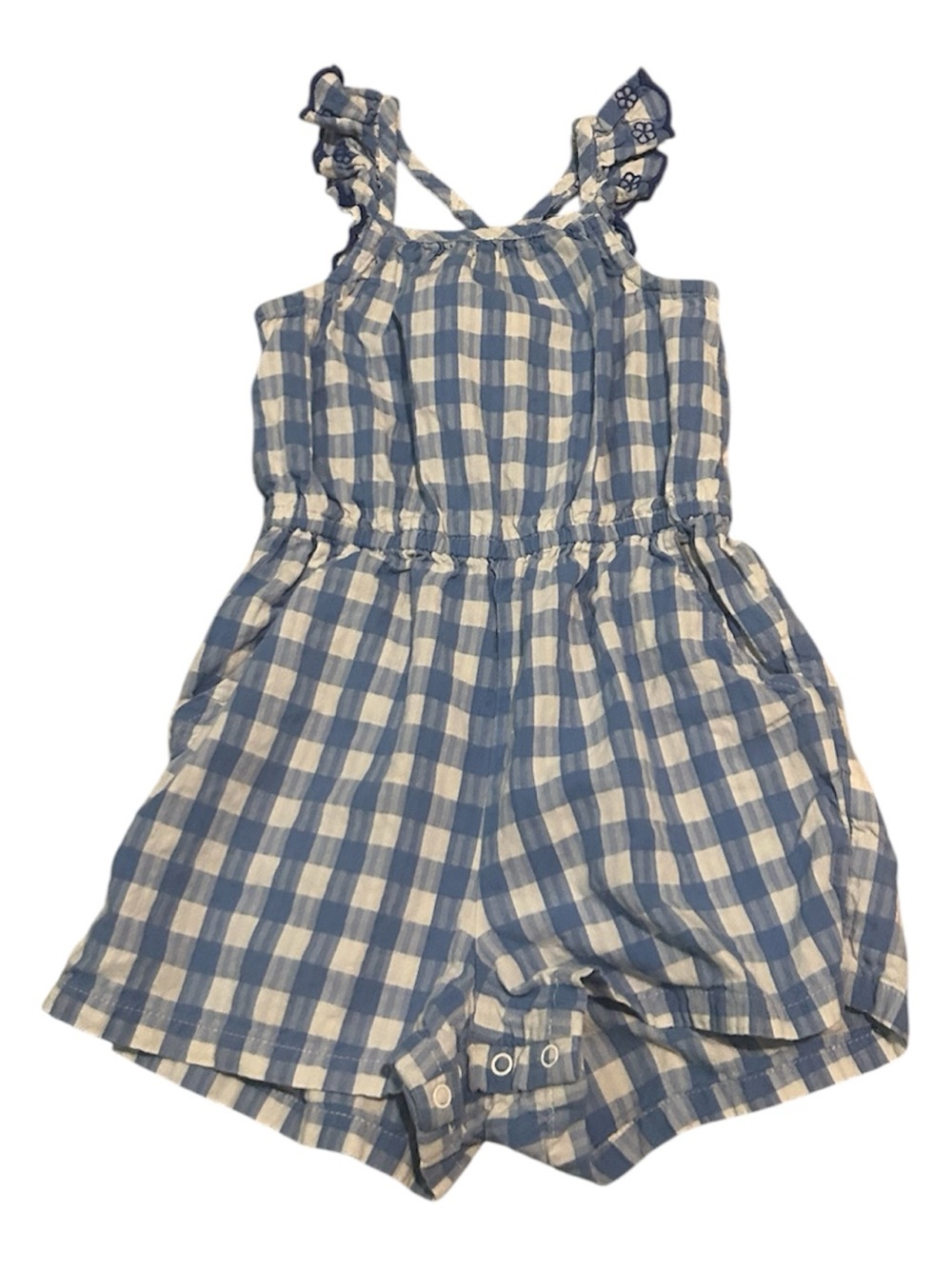 Blue and white toddler girl gingham print romper size 2t